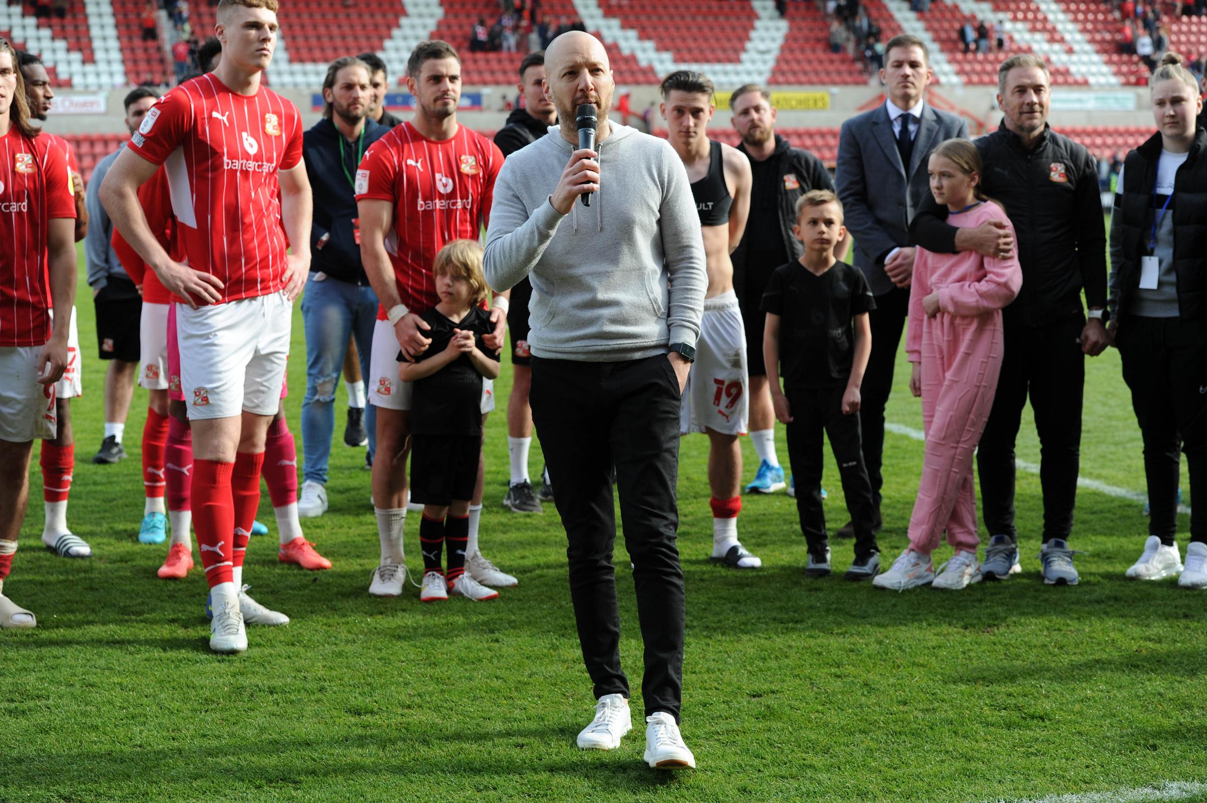 Ben Garner gives speech after Swindon Town's final League Two home game